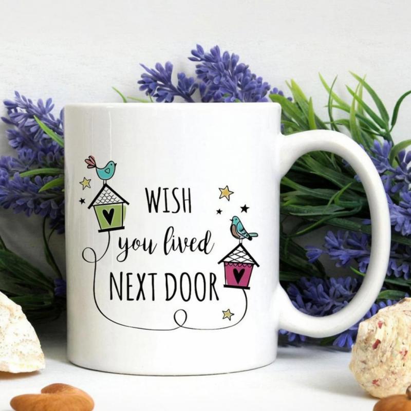 Tailorly White Ceramic 11 oz Mug - Wish You Lived Next Door Small Colorful Birdhouses With Cute Singing Birds And Twinkling Little Stars Mug