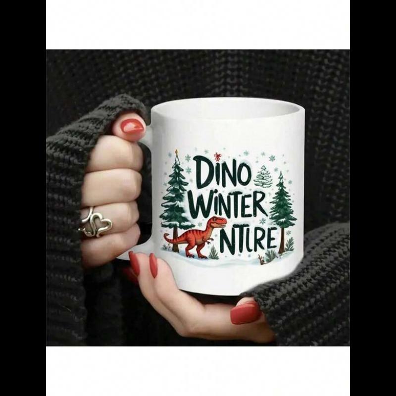Tailorly White Ceramic 11 oz Mug - Dino Winter Adventure Red Dinosaur Wearing Santa Hat Between Snowy Pine Forest Trees Mug