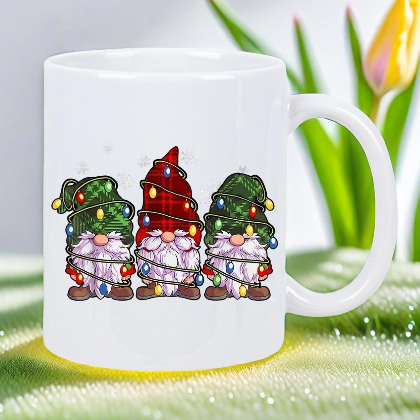 Tailorly White Ceramic 11 oz Mug - Festive Holiday Trio Wrapped In Twinkling Colorful Glowing String Lights Gnomes