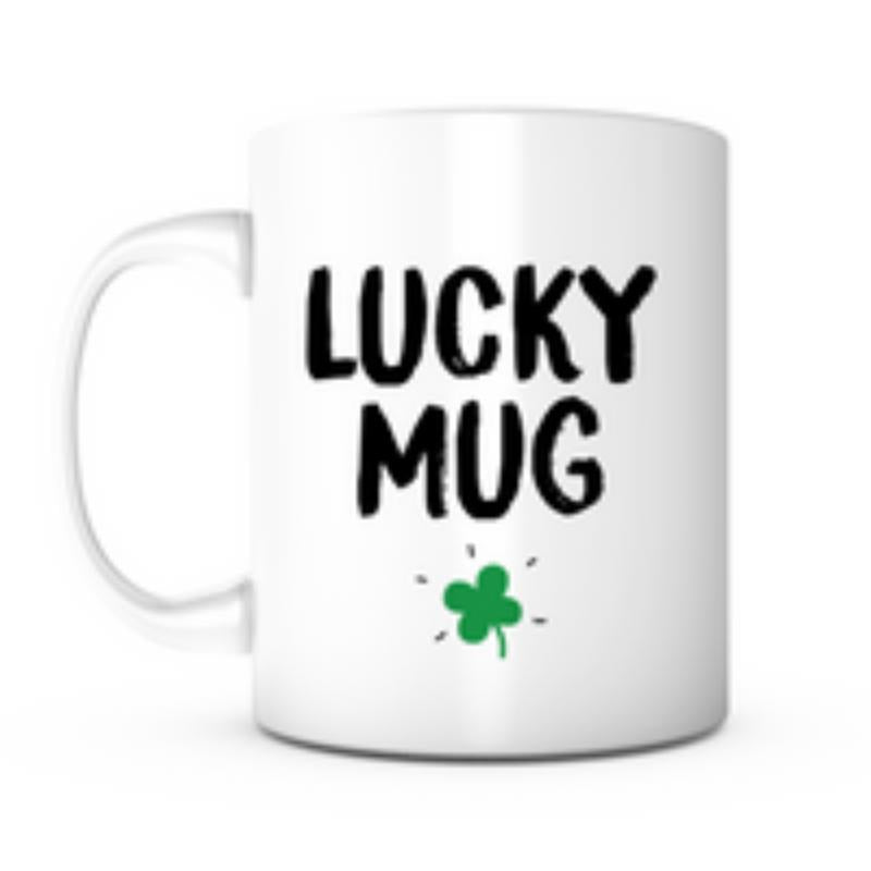 Tailorly White Ceramic 11 oz Mug - Lucky Mug Green Clover Leaf With Small Artistic Accents Under Bold Lettering Clover