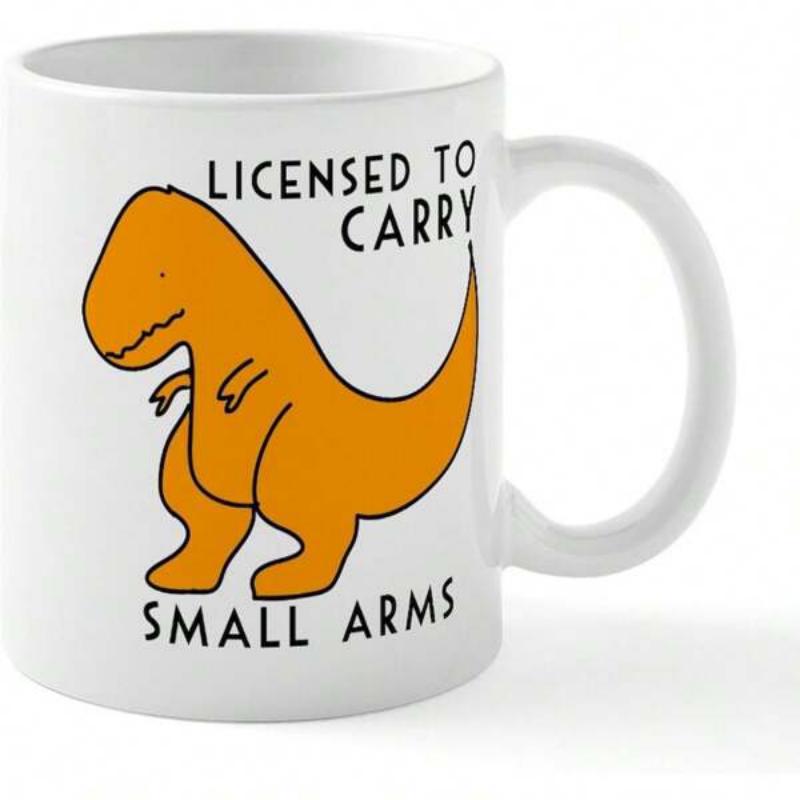 Tailorly White Ceramic 11 oz Mug - Licensed To Carry Small Arms Whimsical Orange Cartoon T Rex Standing On Minimal White Background Dinosaur