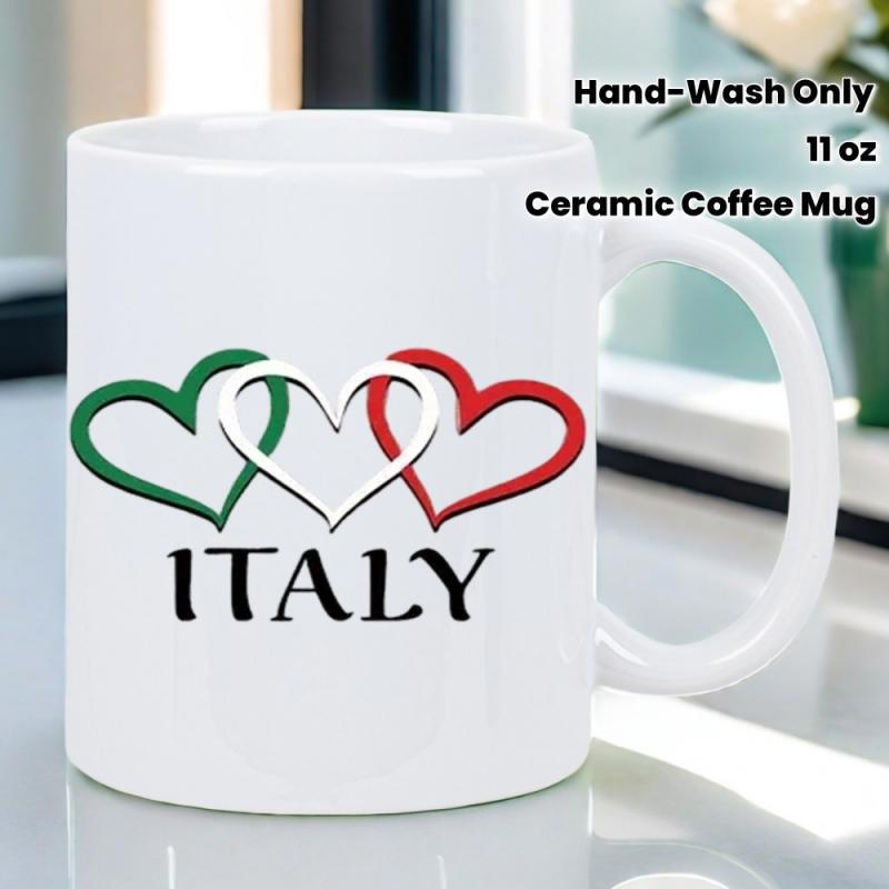 Tailorly White Ceramic 11 oz Mug - Italy Vibrant National Flag Colors Flowing Within Three Graceful Interlocked Heart