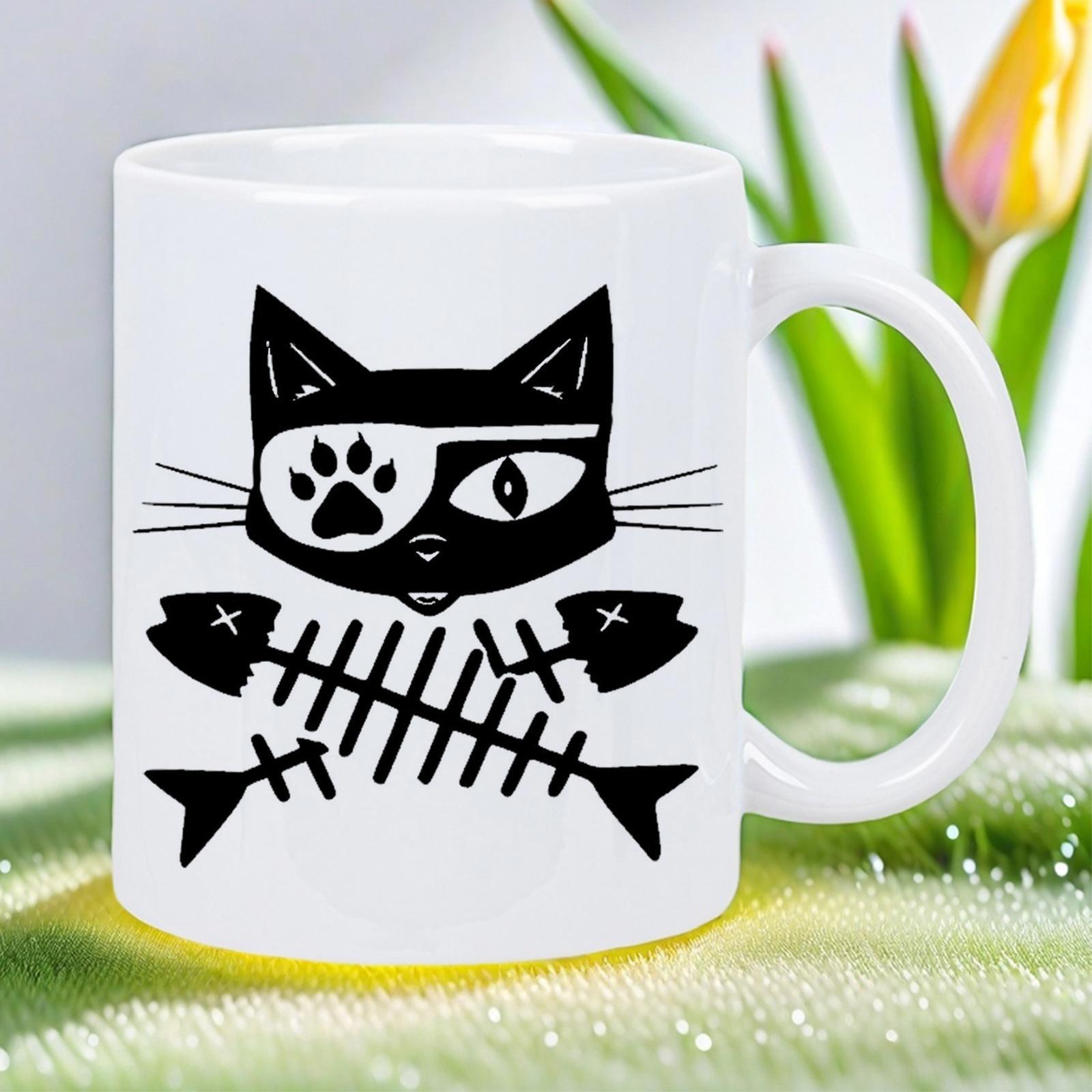 Tailorly White Ceramic 11 oz Mug - Stylized Black Pirate Silhouette With Eyepatch And Crossed Fish Skeletons Cat