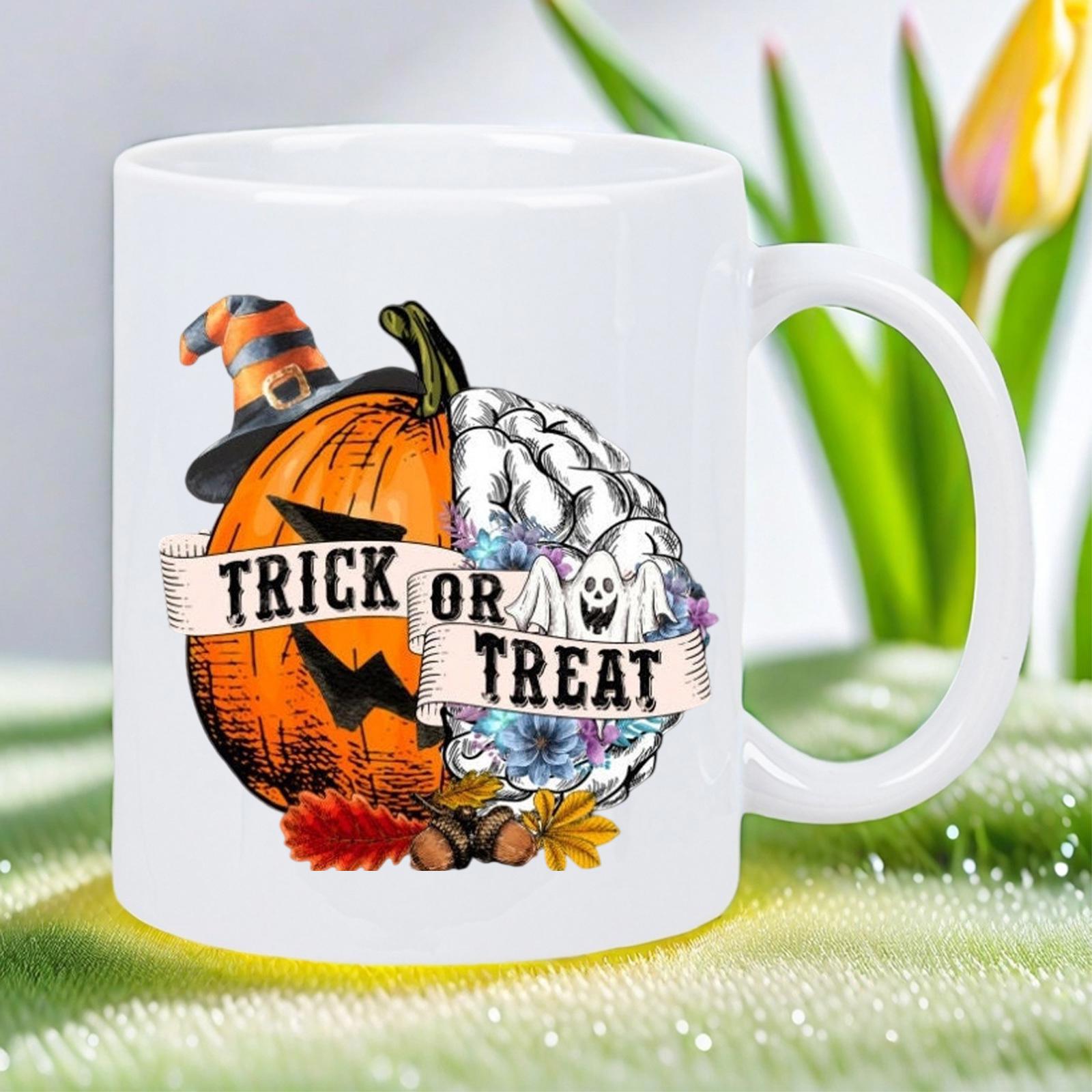 Tailorly White Ceramic 11 oz Mug - Trick Or Treat Split Halloween Pumpkin Combined With Human Brain And Little Ghost Pumpkin
