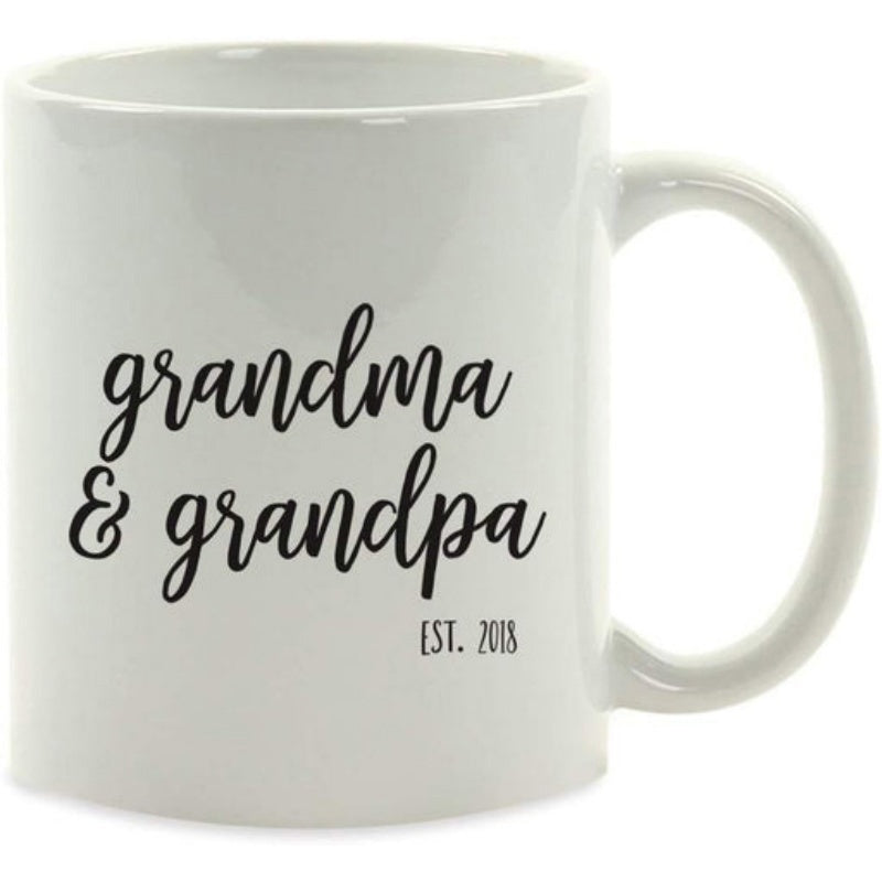 Tailorly White Ceramic 11 oz Mug - Grandma Grandpa Est 2018 Minimalist White Ceramic Kitchenware Featuring Elegant Cursive Handwriting For Family Memories Mug
