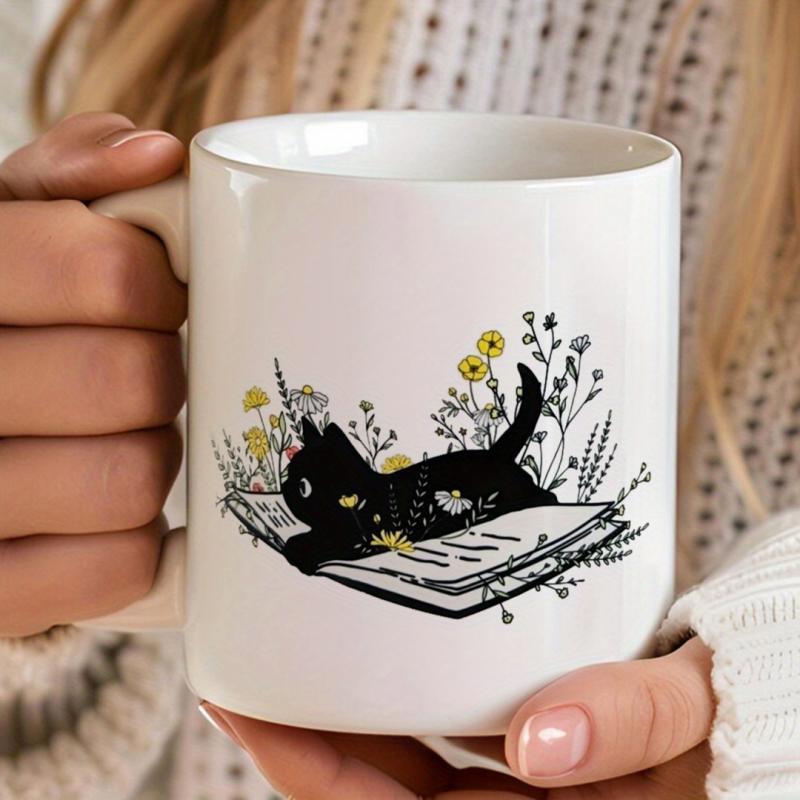 Tailorly White Ceramic 11 oz Mug - Adorable Black Feline Resting On Open Book Among Delicate Wildflowers Cat