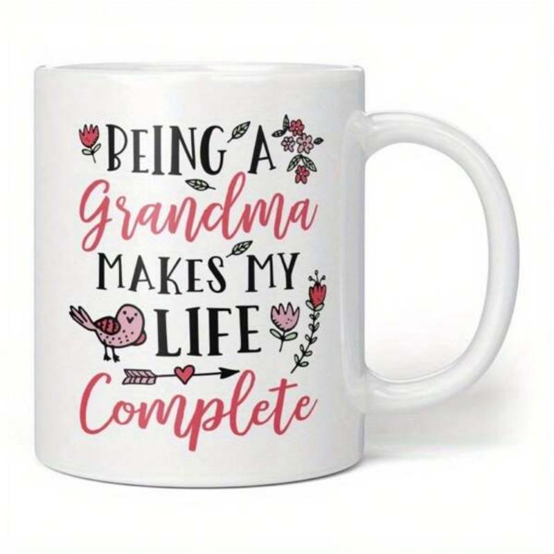 Tailorly White Ceramic 11 oz Mug - Being A Grandma Makes My Life Complete Sweet Pink Songbird Perched Among Whimsical Floral Elements And Delicate Garden Leaves