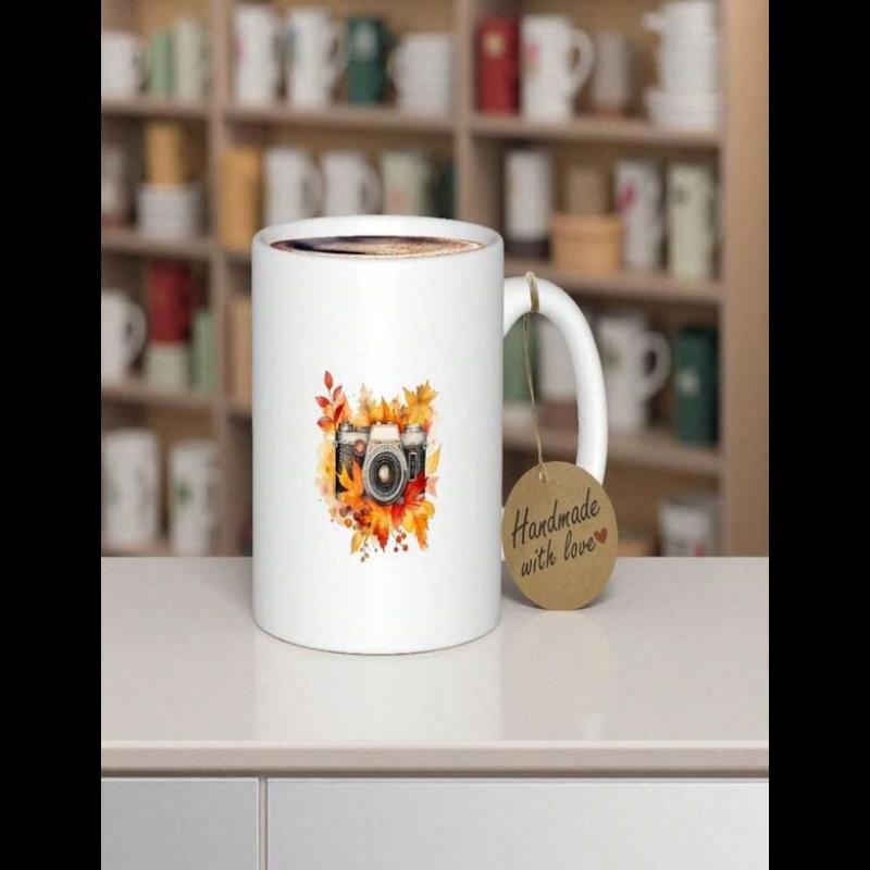 Tailorly White Ceramic 11 oz Mug - Handmade With Love Retro Vintage Style Decorated With Vibrant Orange And Golden Autumn Leaves Camera