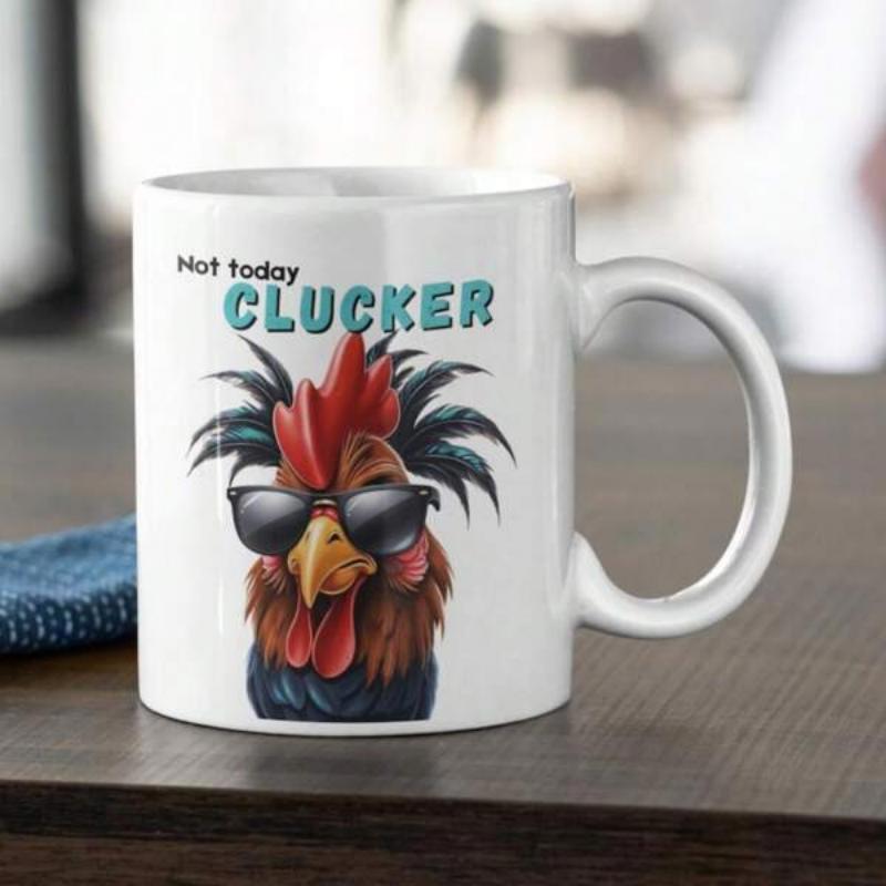 Tailorly White Ceramic 11 oz Mug - Not Today Clucker Funny Rooster Wearing Black Sunglasses With Vibrant Red Feathers Rooster