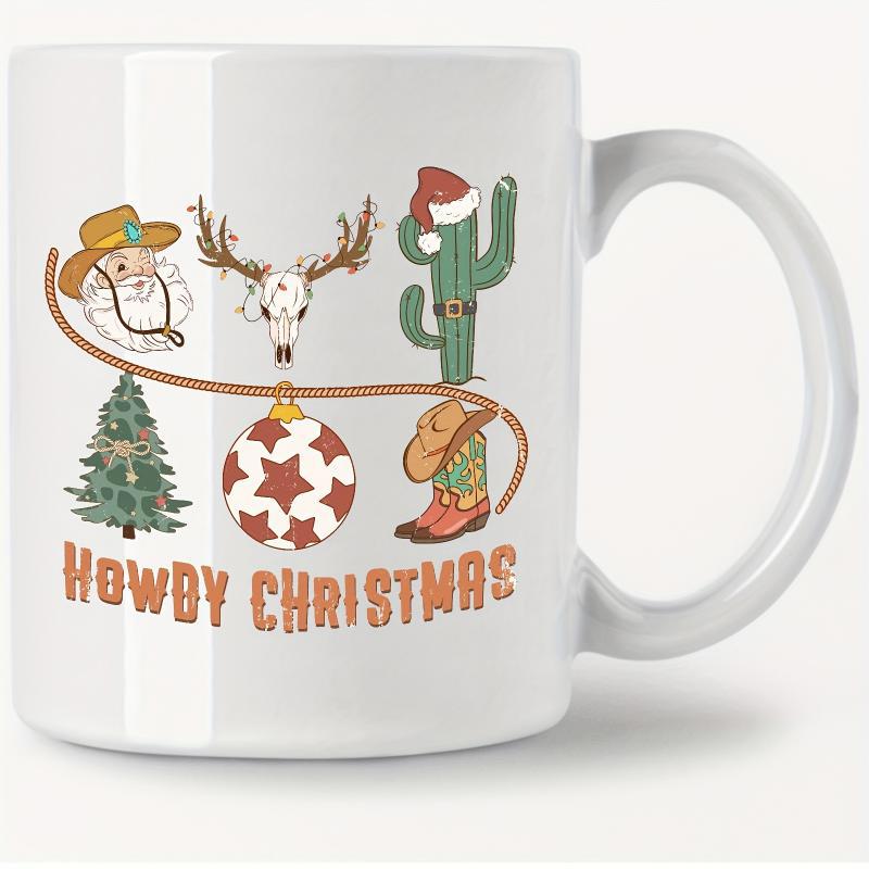 Tailorly White Ceramic 11 oz Mug - Howdy Christmas Western Festive Icons Featuring Cowboy Santa And Cactus With Reindeer Skull Illustration