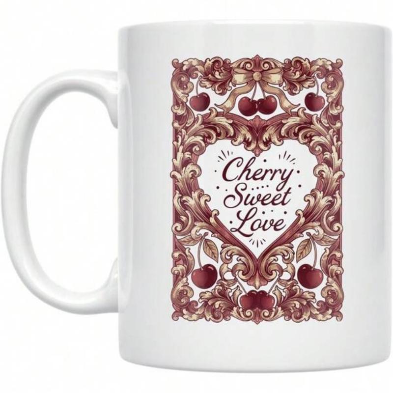 Tailorly White Ceramic 11 oz Mug - Cherry Sweet Love Ornate Victorian Style Frame Featuring Delicate Red Cherries Pattern