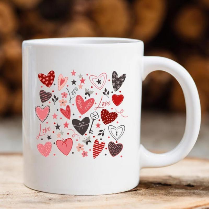 Tailorly White Ceramic 11 oz Mug - Love Artistic Pattern Featuring Various Red And Pink Romantic Decorative Hearts
