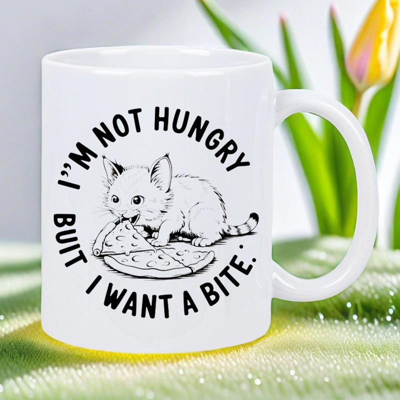 Tailorly White Ceramic 11 oz Mug - I'm Not Hungry But I Want A Bite Playful Sketch Style Drawing Of A Small Cat Eating Pizza Kitten