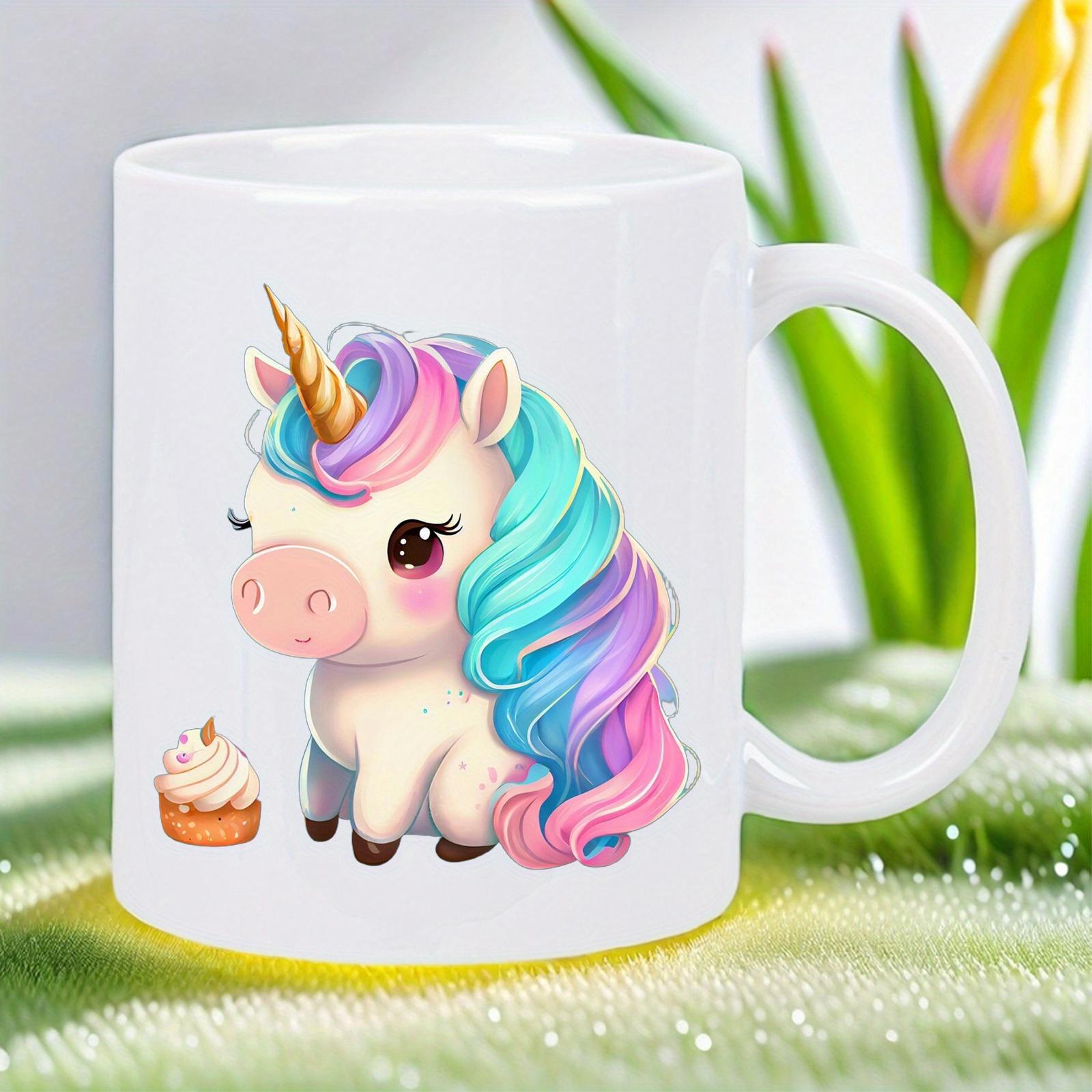 Tailorly White Ceramic 11 oz Mug - Cute Rainbow Mane Sitting Beside A Tiny Golden Topped Cupcake Unicorn