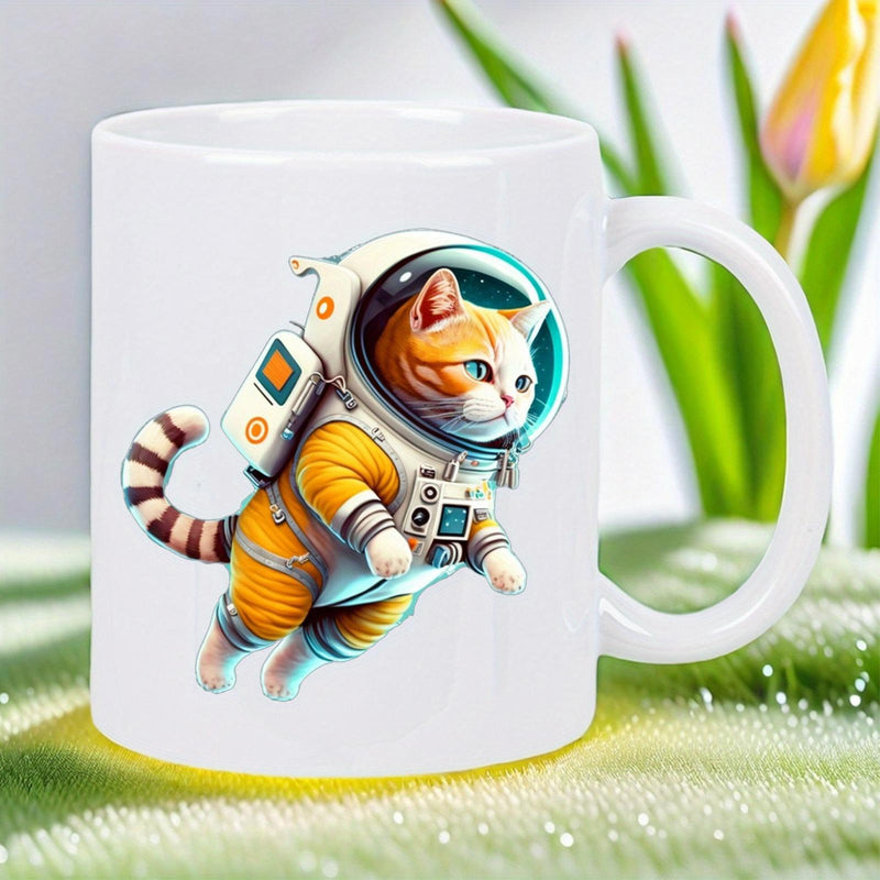 Tailorly White Ceramic 11 oz Mug - Adorable Ginger Cat Wearing Highly Detailed Space Suit Floating In Outer Space Cat