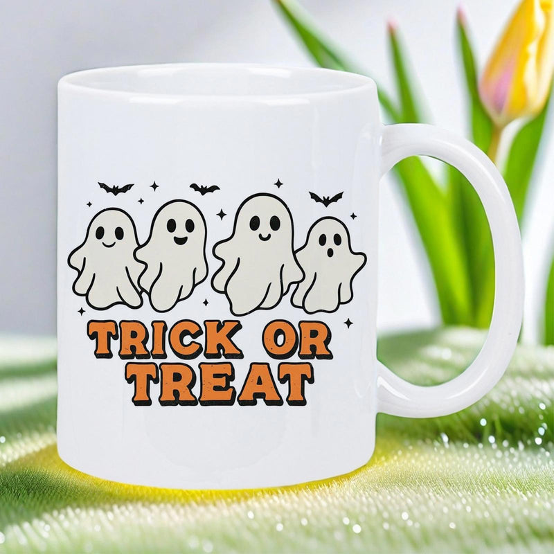 Tailorly White Ceramic 11 oz Mug - Trick Or Treat Four Friendly White Spirits Floating Beneath Small Black Night Bats Ghost