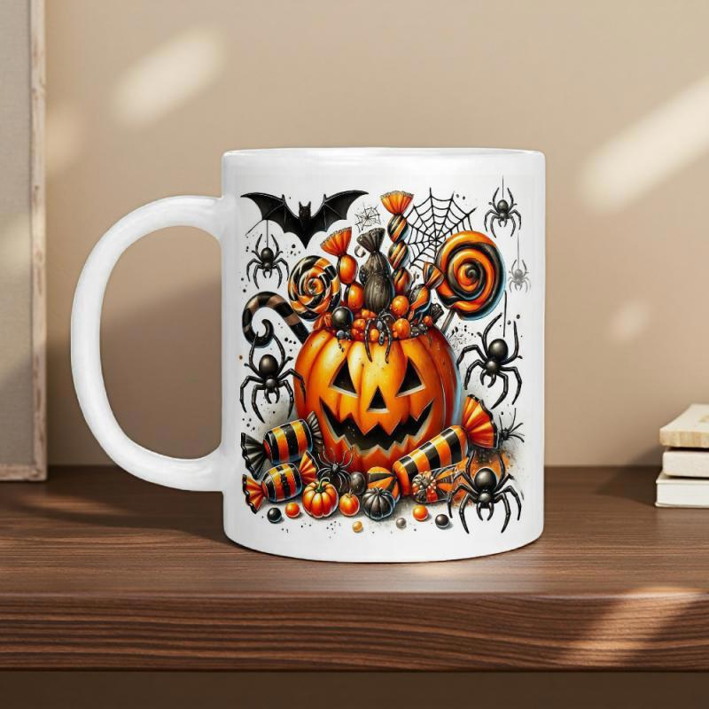 Tailorly White Ceramic 11 oz Mug - Spooky Halloween Festivities Featuring Creepy Crawling Spiders And Sweet Treats Within A Pumpkin