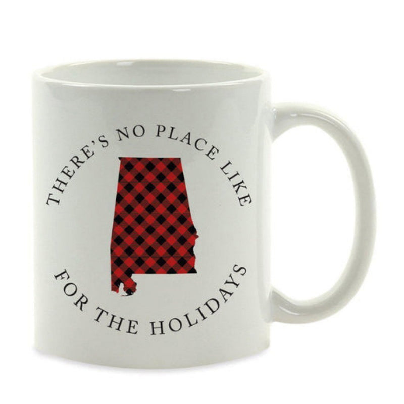 Tailorly White Ceramic 11 oz Mug - There Is No Place Like For The Holidays Red And Black Buffalo Plaid State Silhouette Map Alabama