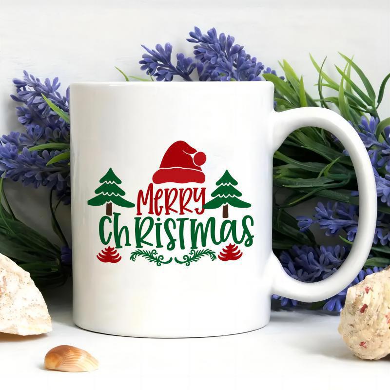 Tailorly White Ceramic 11 oz Mug - Merry Christmas Festive Holiday Pattern With Red Santa Hat And Green Pine Trees Decoration Mug