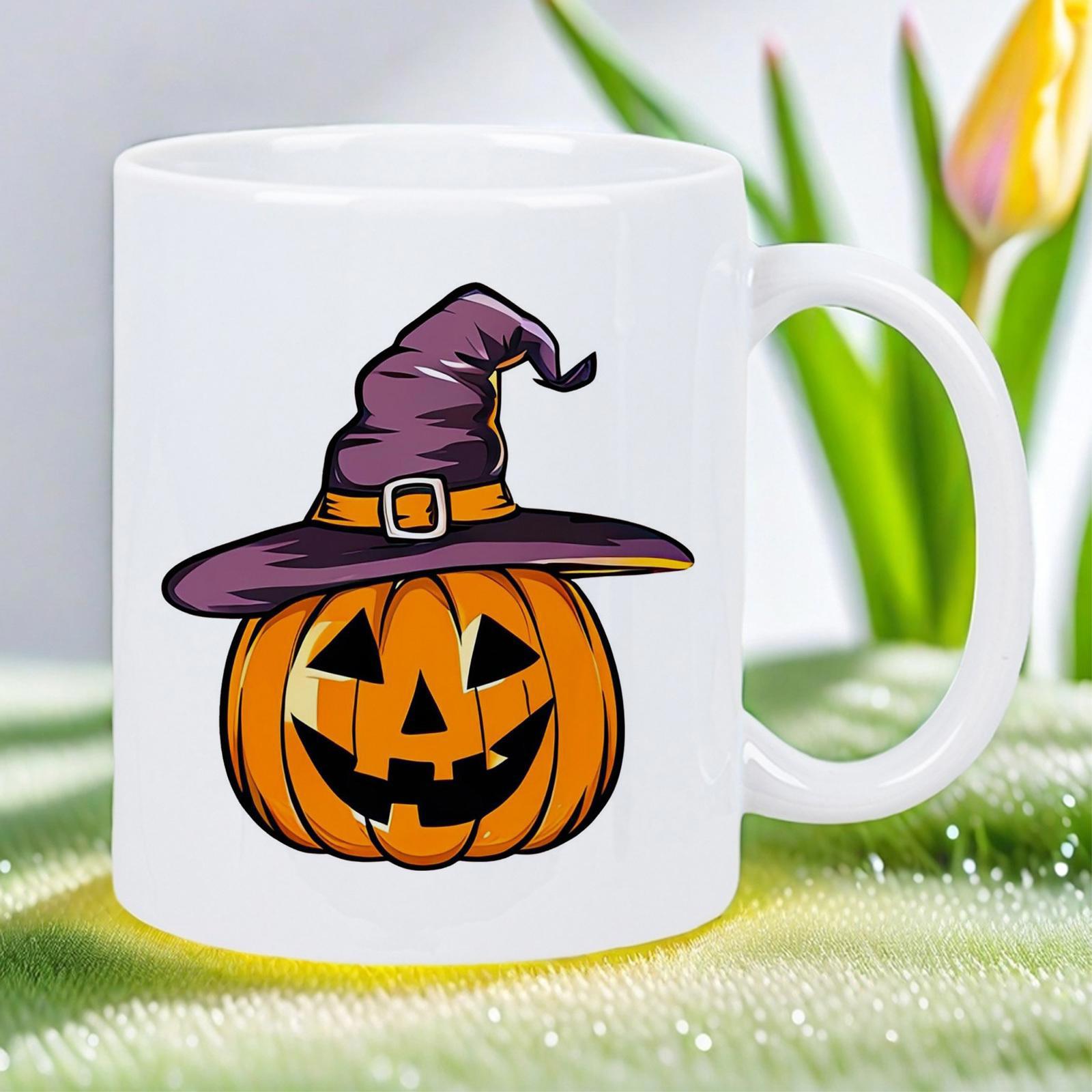 Tailorly White Ceramic 11 oz Mug - Spooky Halloween Character Wearing A Purple Wizard Hat Smiling Jack Lantern Pumpkin