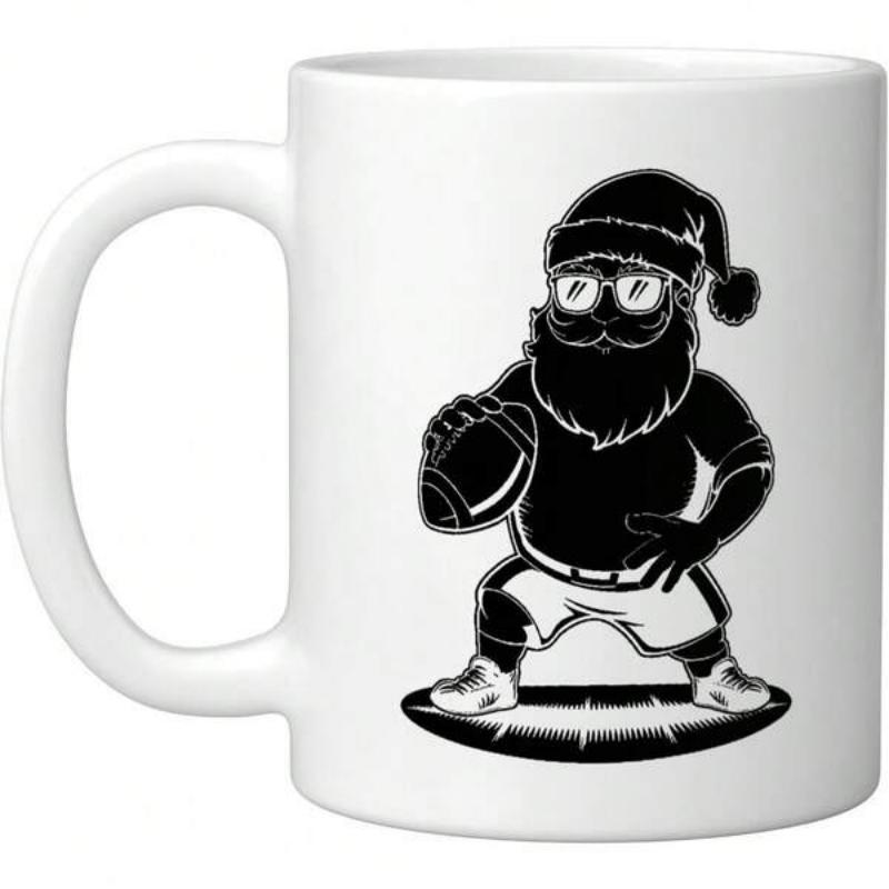 Tailorly White Ceramic 11 oz Mug - Bearded Athletic Santa Holding An American Football For Festive Holiday Santa