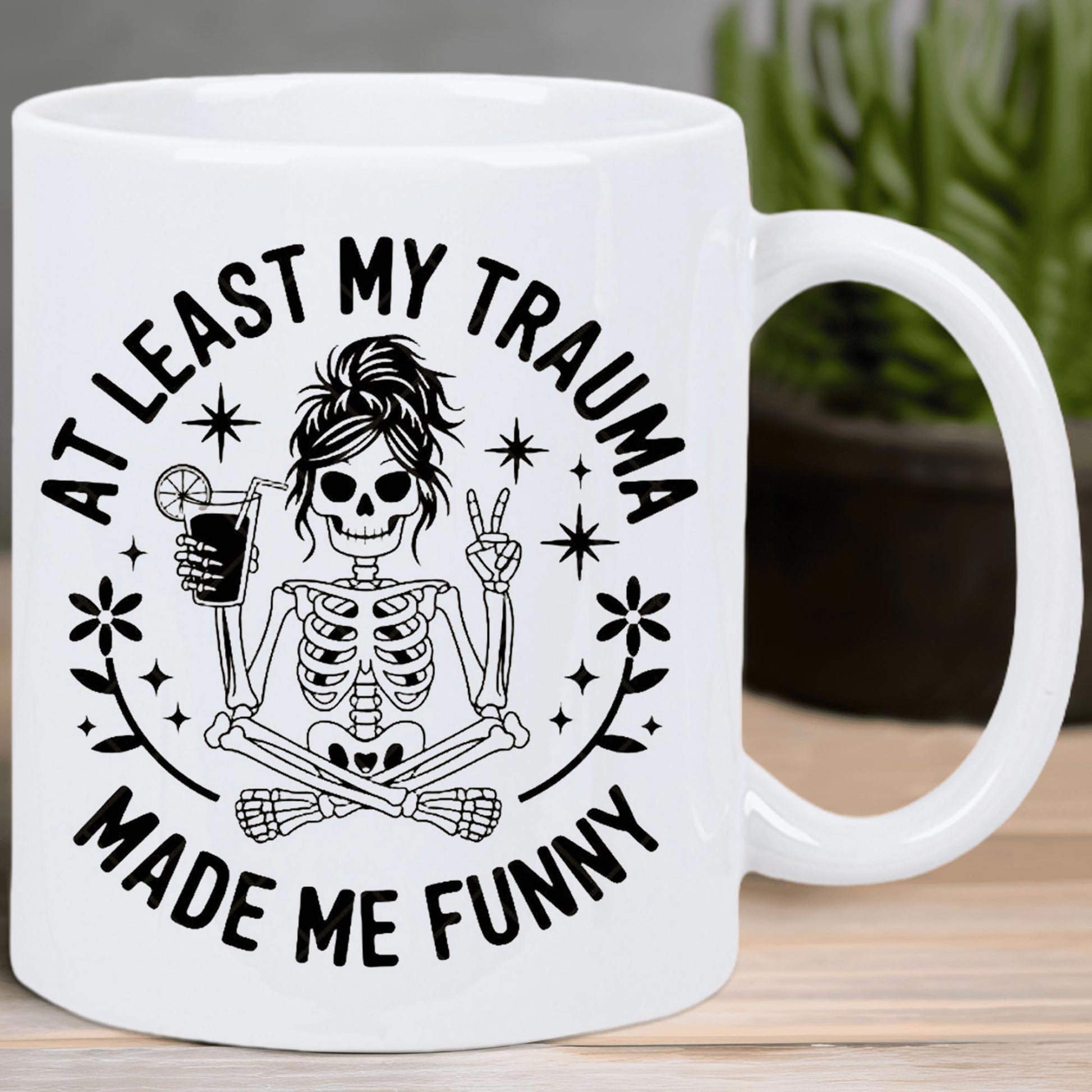 Tailorly White Ceramic 11 oz Mug - At Least My Trauma Made Me Funny Peaceful Skeleton With Messy Bun Holding Summer Drink Sitting In Meditation Skeleton