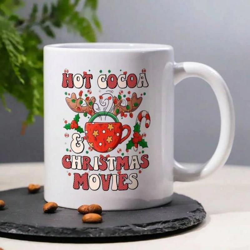 Tailorly White Ceramic 11 oz Mug - Hot Cocoa Christmas Movies Festive Red Cup With Reindeer Antlers And Candy Canes Among Holly Mug