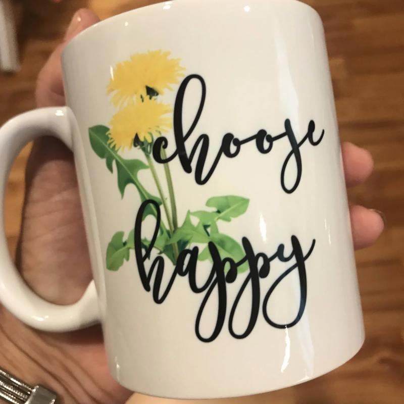 Tailorly White Ceramic 11 oz Mug - Choose Happy Vibrant Yellow Dandelion Flowers With Green Leaves Growing In Nature Dandelion