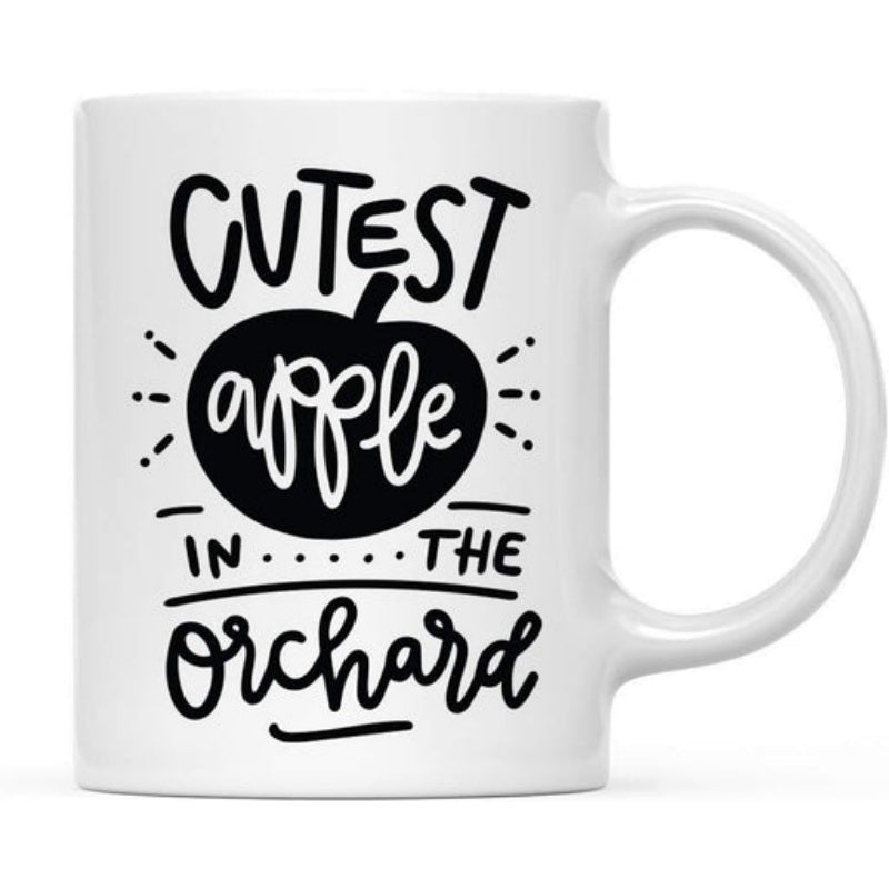 Tailorly White Ceramic 11 oz Mug - Cutest Apple In The Orchard Minimalist Black Silhouette Featuring Artistic Script And Playful Sparkle Accents Apple