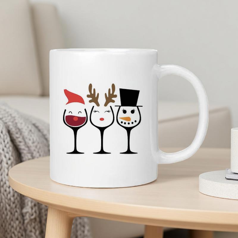 Tailorly White Ceramic 11 oz Mug - Three Festive Wine Glasses Dressed As Santa Reindeer And Snowman Mug