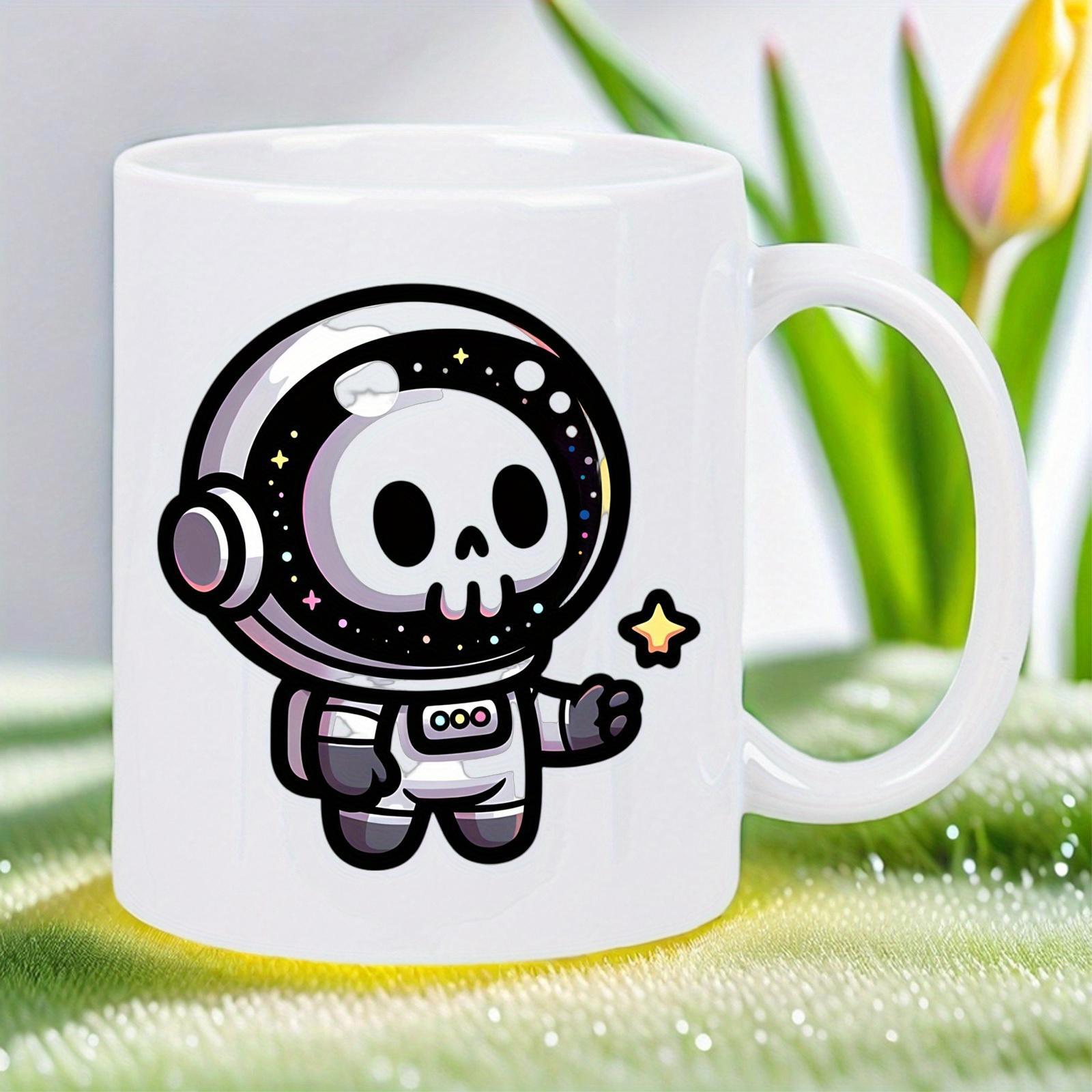 Tailorly White Ceramic 11 oz Mug - Cute Chibi Style Skeleton Wearing Spacesuit Reaching For A Tiny Twinkling Star Astronaut