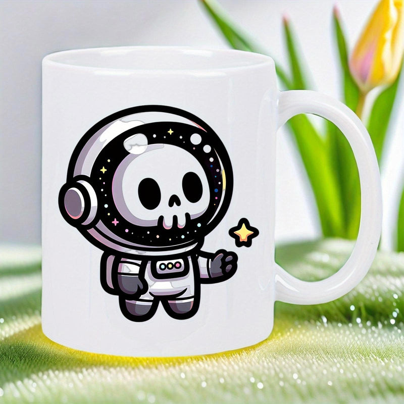 Tailorly White Ceramic 11 oz Mug - Cute Chibi Style Skeleton Wearing Spacesuit Reaching For A Tiny Twinkling Star Astronaut