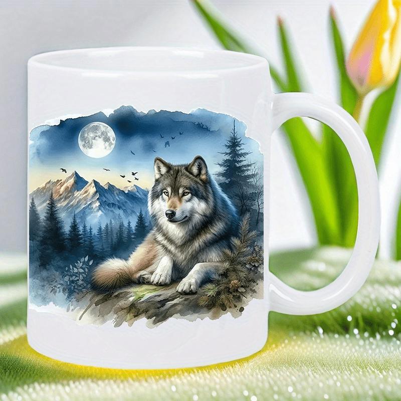 Tailorly White Ceramic 11 oz Mug - Majestic Wolf Resting Under Full Moon Among Snowy Pine Mountains Wolf