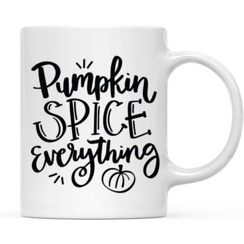 Tailorly White Ceramic 11 oz Mug - Pumpkin Spice Everything Minimalist Black Hand Lettered Script With Small Seasonal Pumpkin Illustration Mug