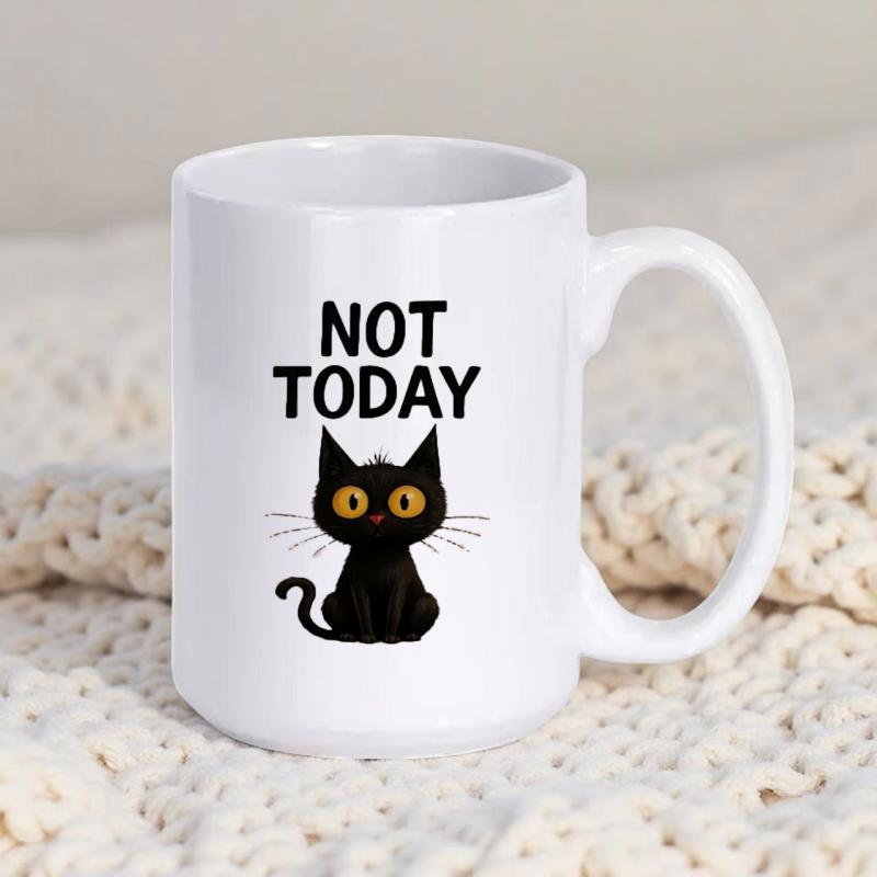 Tailorly White Ceramic 11 oz Mug - Not Today Sitting Alert Black Kitten With Big Yellow Eyes And Whiskers Cat