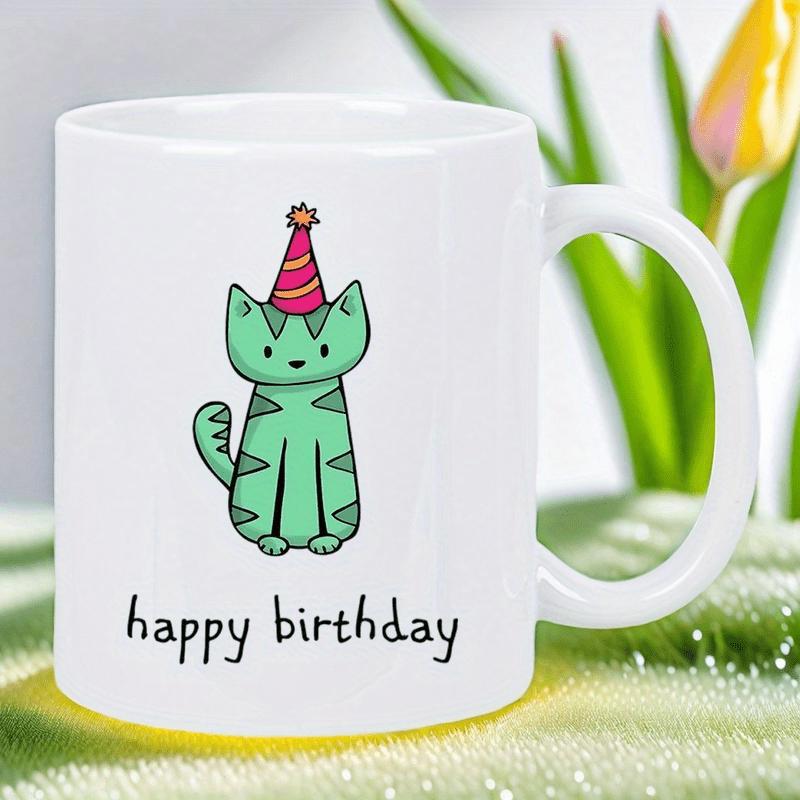 Tailorly White Ceramic 11 oz Mug - Happy Birthday Adorable Green Striped Feline Wearing A Colorful Festive Party Hat Cat
