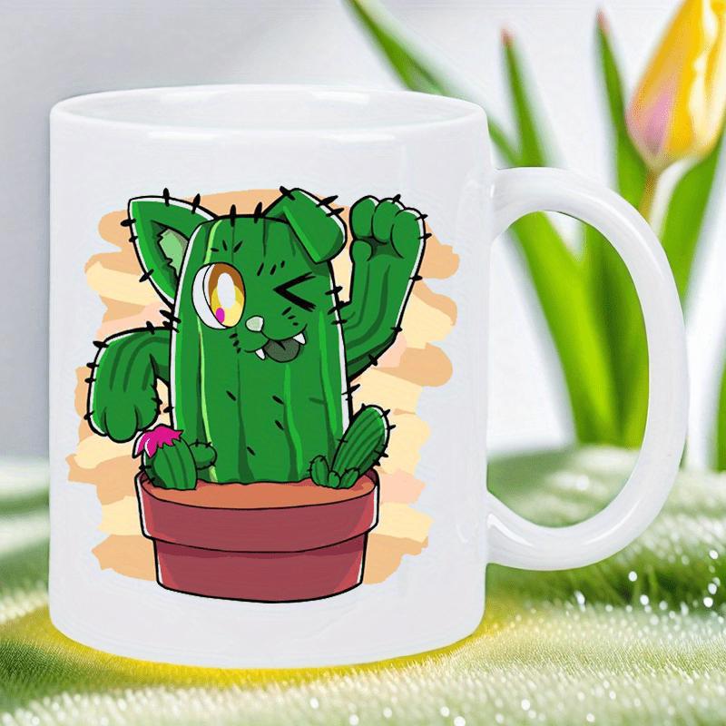 Tailorly White Ceramic 11 oz Mug - Kawaii Winking Green Spiky Lucky Cat Shaped Potted Cartoon Cactus