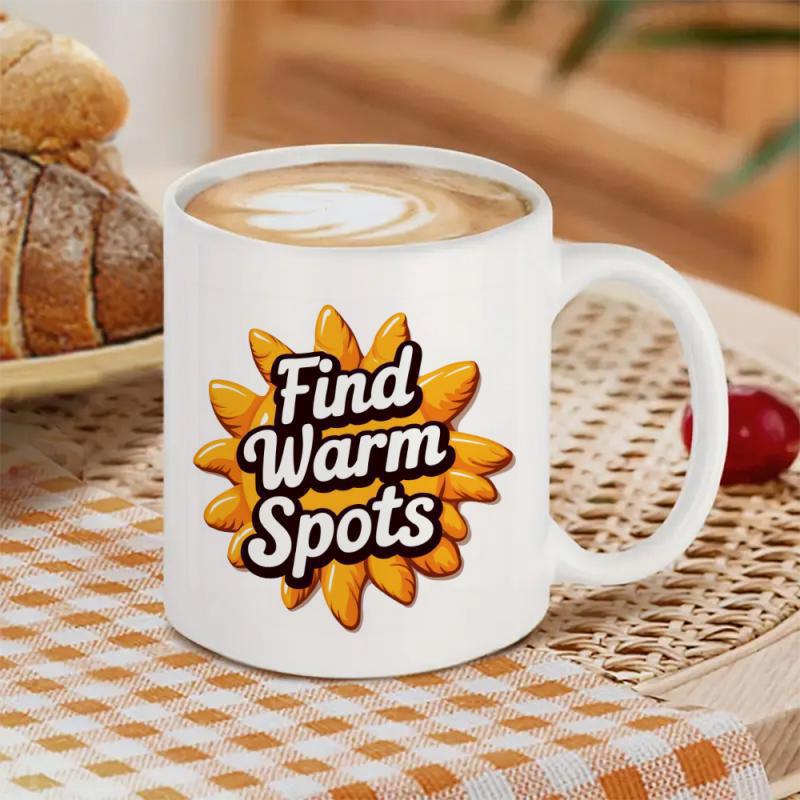 Tailorly White Ceramic 11 oz Mug - Find Warm Spots Vibrant Yellow Stylized Sun Shape With Rounded Rays And Bold Outline Sun