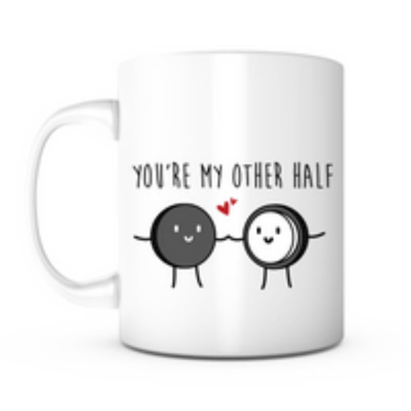 Tailorly White Ceramic 11 oz Mug - You're My Other Half Two Cute Anthropomorphic Cartoon Pucks Holding Hands Under Small Red Hearts Characters