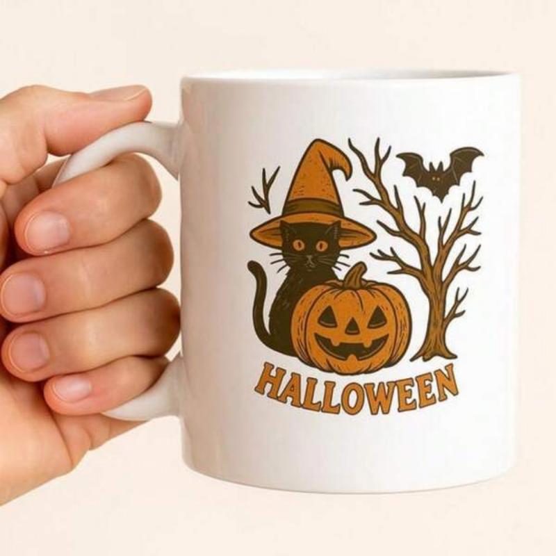 Tailorly White Ceramic 11 oz Mug - Halloween Spooky Black Cat Wearing Orange Witch Hat Beside Carved Jack O Lantern Cat