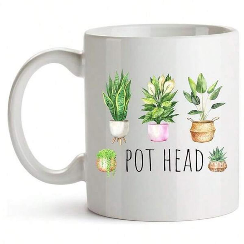 Tailorly White Ceramic 11 oz Mug - Pot Head Vibrant Green Watercolor Potted Plants Growing Inside Decorative Colorful Ceramic Pots Houseplant
