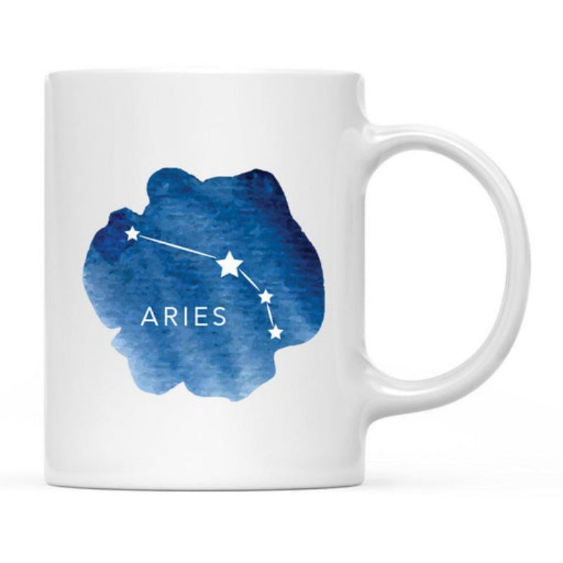 Tailorly White Ceramic 11 oz Mug - Aries Watercolor Blue Background With Sparkling White Stars Linked In The Night Constellation