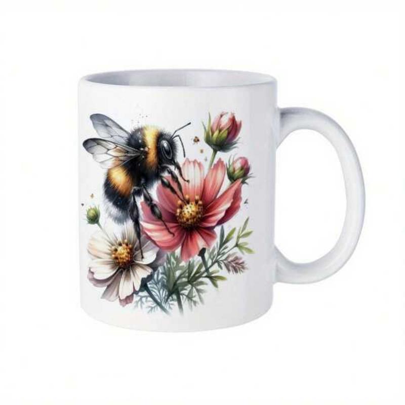 Tailorly White Ceramic 11 oz Mug - Delicate Petals Among Blooming Garden Flowers With Hovering Detailed Bumblebee