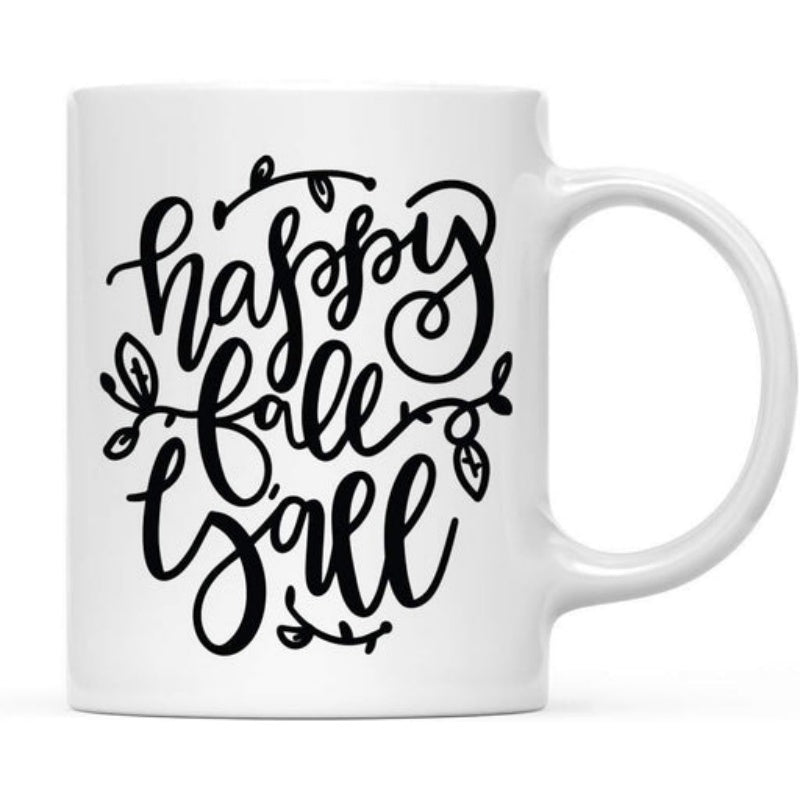 Tailorly White Ceramic 11 oz Mug - Happy Fall Yall Artistic Calligraphy Script Decorated With Intricate Seasonal Foliage And Vines Sign