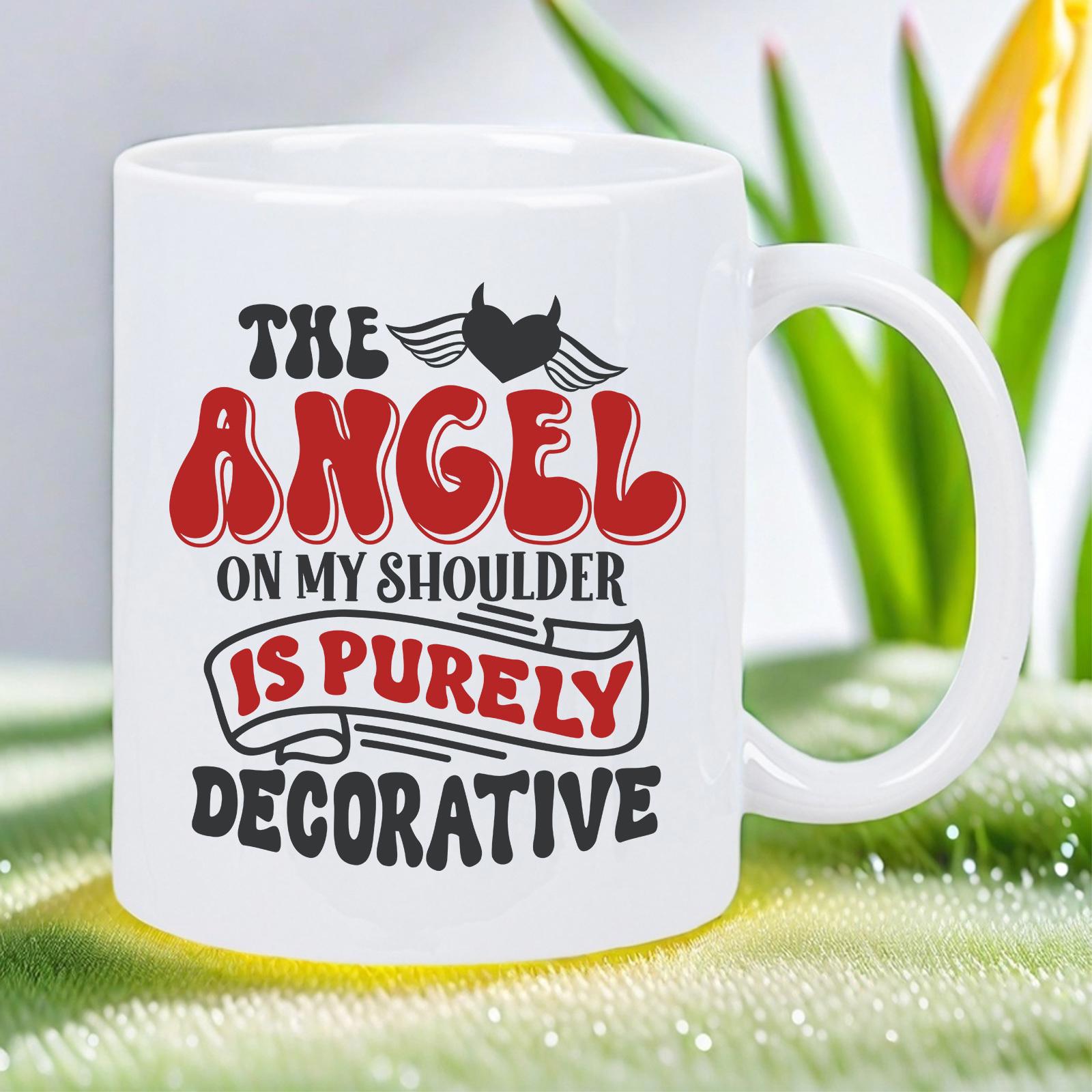 Tailorly White Ceramic 11 oz Mug - The Angel On My Shoulder Is Purely Decorative Retro Stylized Heart Featuring Devil Horns And Angelic Wings Symbol