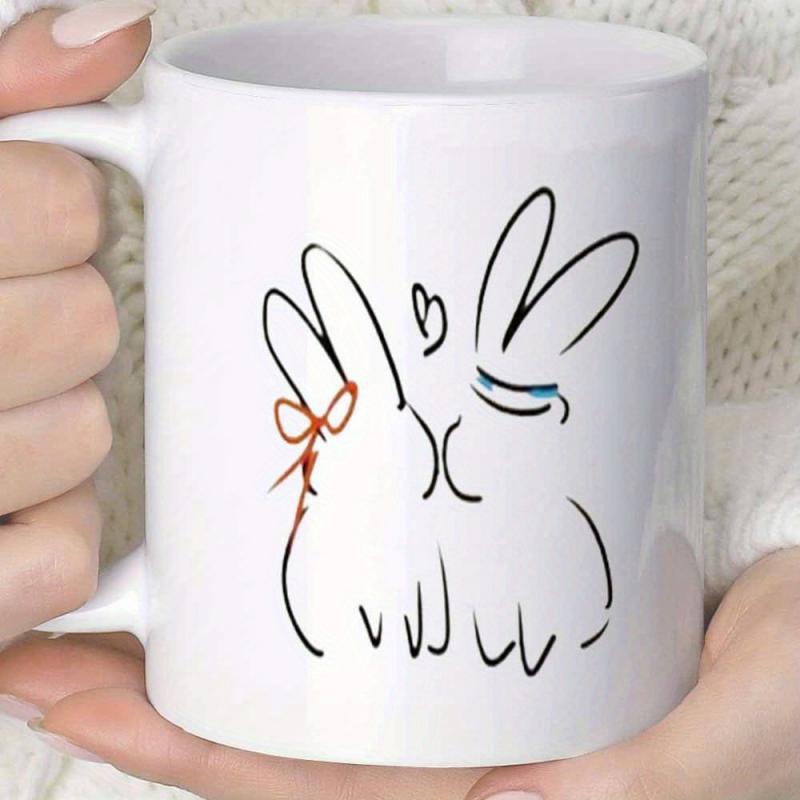 Tailorly White Ceramic 11 oz Mug - Simple Minimalist Line Art Drawing Of Two Kissing Cuddly Garden Rabbit