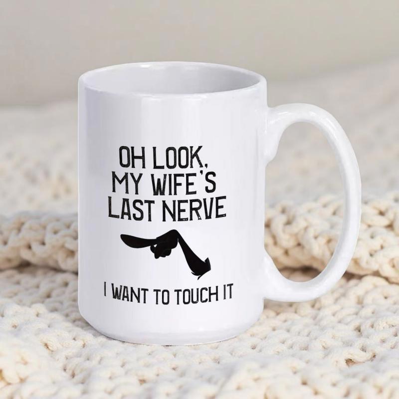 Tailorly White Ceramic 11 oz Mug - Oh Look My Wife S Last Nerve I Want To Touch It Minimalist Black Silhouette Reaching To Touch A Delicate Thin Wavy Nerve Hand