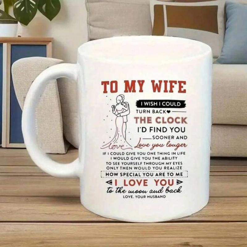 Tailorly White Ceramic 11 oz Mug - To My Wife I Love You To The Moon And Back Minimalist Line Art Drawing Of Embracing Couple Among Floating Hearts Couple