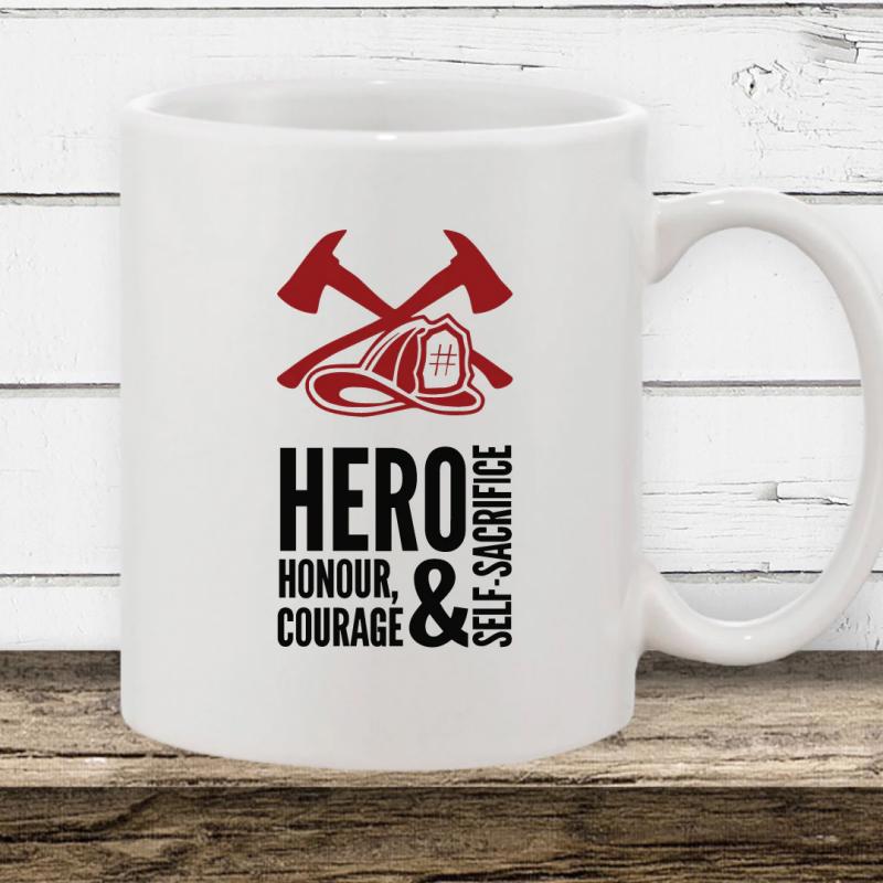 Tailorly White Ceramic 11 oz Mug - Hero Honour Courage Self Sacrifice Bold Red Crossed Axes With Professional Protective Helmet Ornament Firefighter