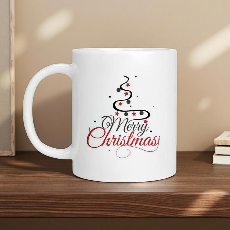 Tailorly White Ceramic 11 oz Mug - Merry Christmas Minimalist Artistic Swirling Line Design Adorned With Festive Ornaments Tree